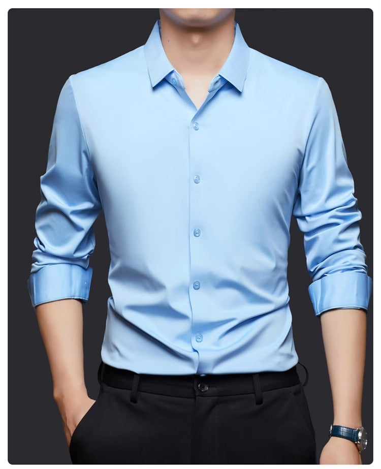 High Stretch Men Business Shirt Long Sleeve Anti-wrinkle Non-ironing Slim Fashion Casual Social Solid Formal Office White Shirt