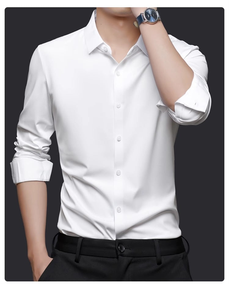 High Stretch Men Business Shirt Long Sleeve Anti-wrinkle Non-ironing Slim Fashion Casual Social Solid Formal Office White Shirt