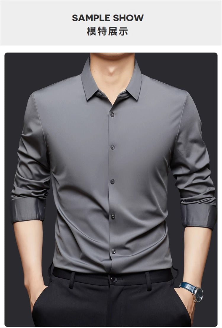 High Stretch Men Business Shirt Long Sleeve Anti-wrinkle Non-ironing Slim Fashion Casual Social Solid Formal Office White Shirt