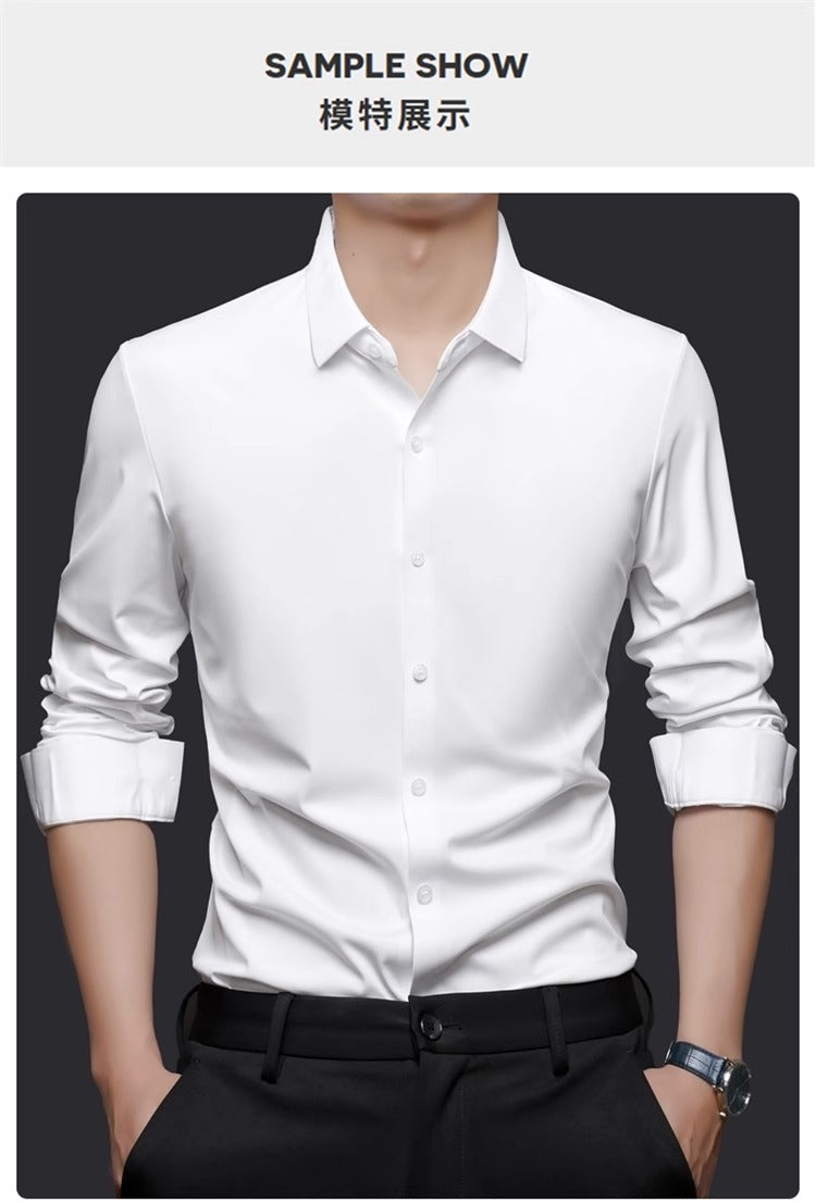 High Stretch Men Business Shirt Long Sleeve Anti-wrinkle Non-ironing Slim Fashion Casual Social Solid Formal Office White Shirt