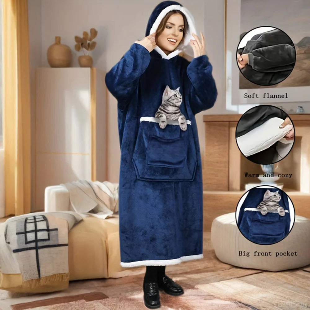 Wearable Blanket Hoodie, Oversized Hooded Blanket Sweatshirt, Hooded Blanket Sweater, Oversized Warm Plush Casual Blanket, with Hooded Sleeve Pockets, Double-Layer Large Pockets for Petting Cats, Soft and Comfortable, Packabl