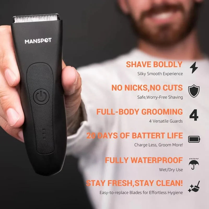 Manspot Electric Body Hair Razor for Men - USB Rechargeable, Waterproof, Replaceable Ceramic Heads, Ultra-Smooth Shaving