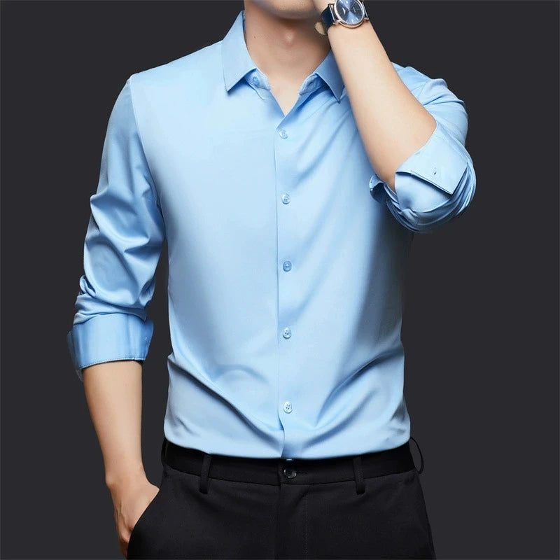 High Stretch Men Business Shirt Long Sleeve Anti-wrinkle Non-ironing Slim Fashion Casual Social Solid Formal Office White Shirt