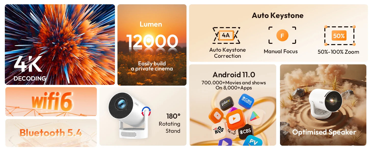 XGODY Portable Gimbal 3S 12000LM 4K Projector 2.4G/5G WiFi Bluetooth 5.4 Android 11 Mini Home Theater Portable projector