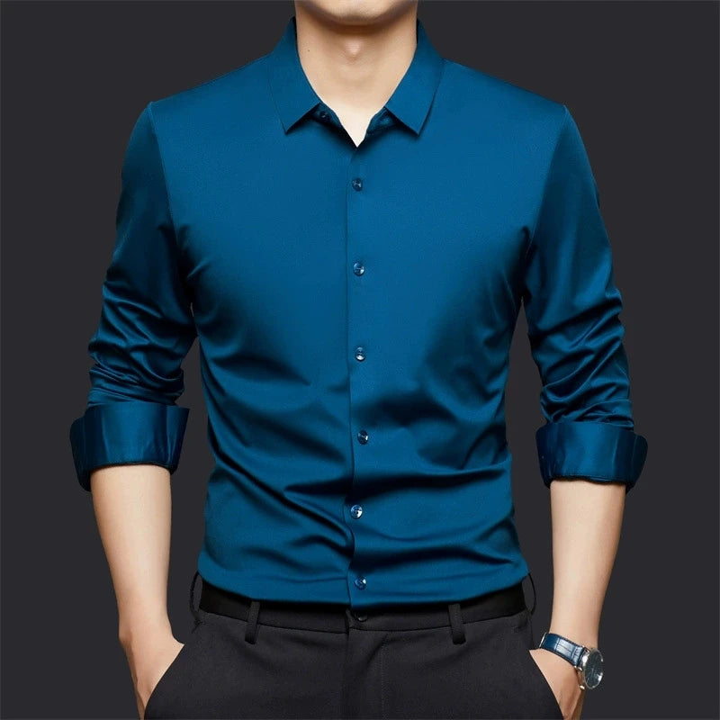 High Stretch Men Business Shirt Long Sleeve Anti-wrinkle Non-ironing Slim Fashion Casual Social Solid Formal Office White Shirt