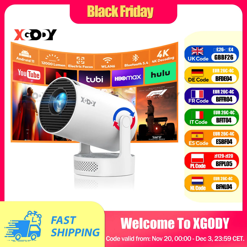 XGODY Portable Gimbal 3S 12000LM 4K Projector 2.4G/5G WiFi Bluetooth 5.4 Android 11 Mini Home Theater Portable projector