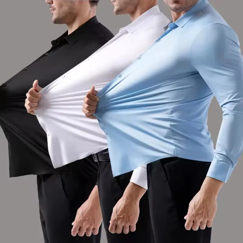 High Stretch Men Business Shirt Long Sleeve Anti-wrinkle Non-ironing Slim Fashion Casual Social Solid Formal Office White Shirt
