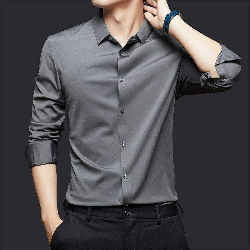 High Stretch Men Business Shirt Long Sleeve Anti-wrinkle Non-ironing Slim Fashion Casual Social Solid Formal Office White Shirt