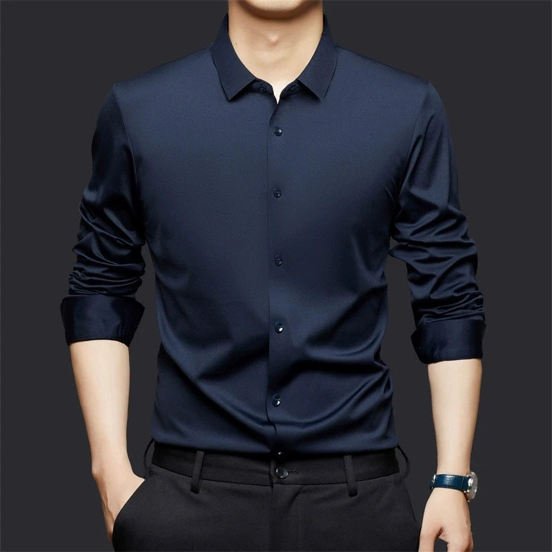 High Stretch Men Business Shirt Long Sleeve Anti-wrinkle Non-ironing Slim Fashion Casual Social Solid Formal Office White Shirt