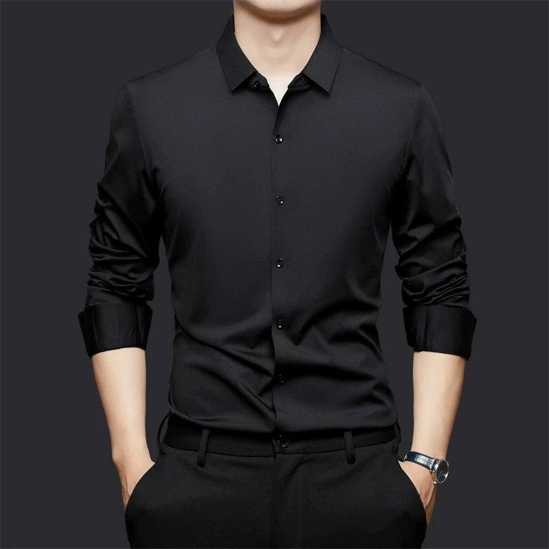 High Stretch Men Business Shirt Long Sleeve Anti-wrinkle Non-ironing Slim Fashion Casual Social Solid Formal Office White Shirt