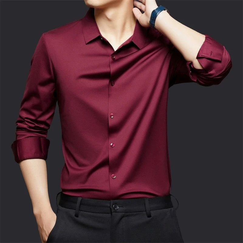High Stretch Men Business Shirt Long Sleeve Anti-wrinkle Non-ironing Slim Fashion Casual Social Solid Formal Office White Shirt