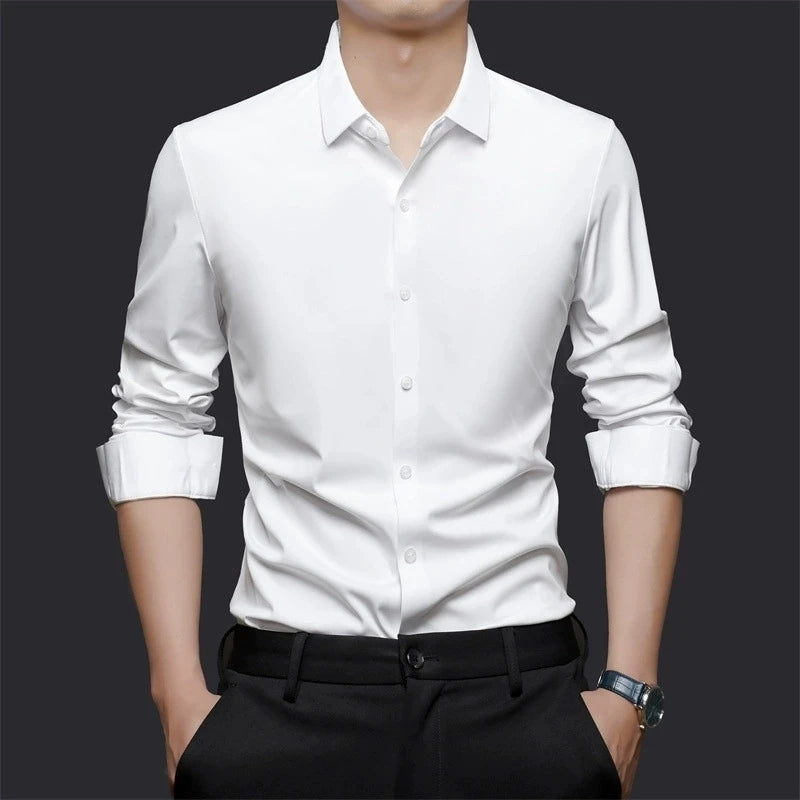High Stretch Men Business Shirt Long Sleeve Anti-wrinkle Non-ironing Slim Fashion Casual Social Solid Formal Office White Shirt